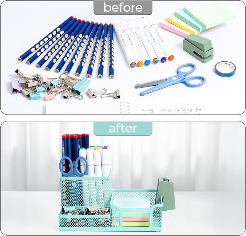 MG Mesh Pen Holder Desk Organizers Pencil Holder for Desk Light Blue, 3 Compartments Metal Office Supply Organizer with Sticky Notes Holder for Home Office - Image 5